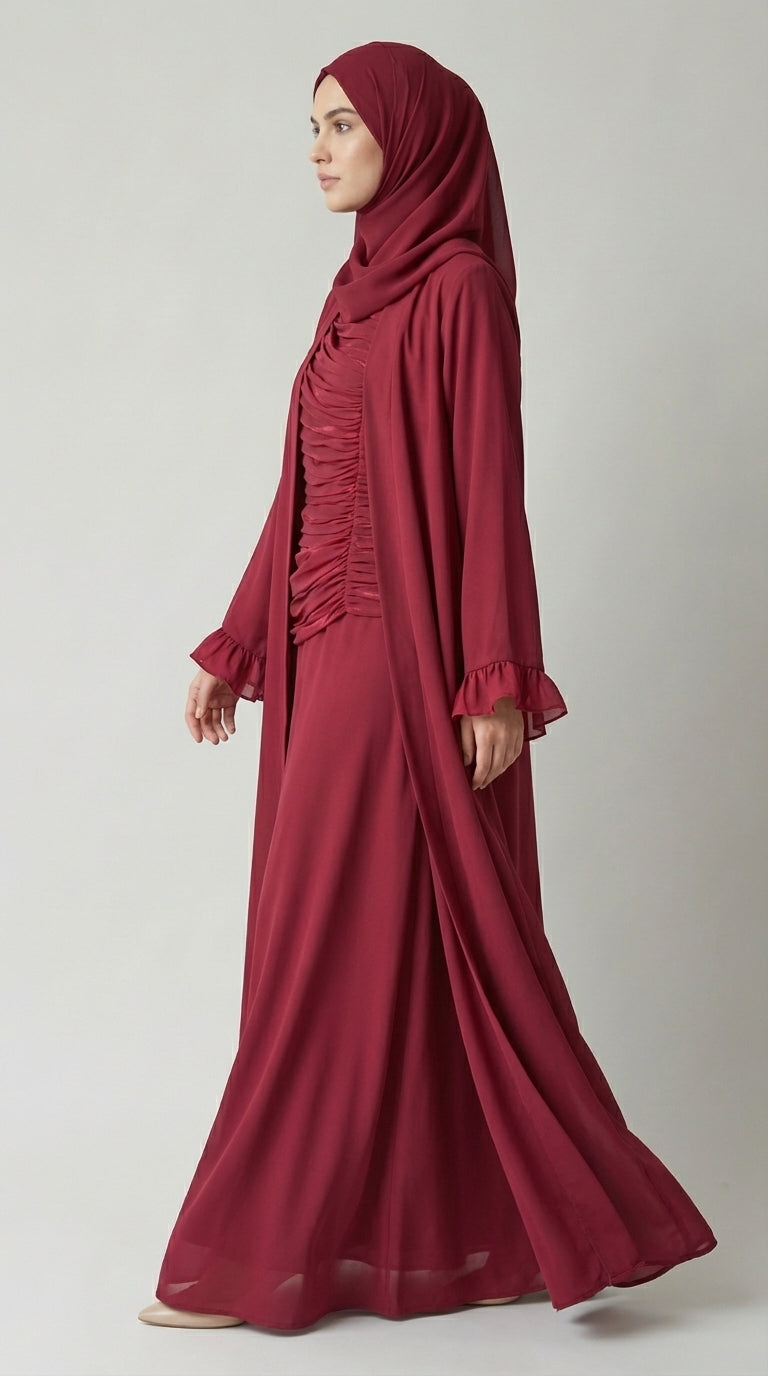 Ruby Red Open-Front Abaya with Ruffled Cuffs