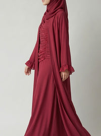 Ruby Red Open-Front Abaya with Ruffled Cuffs