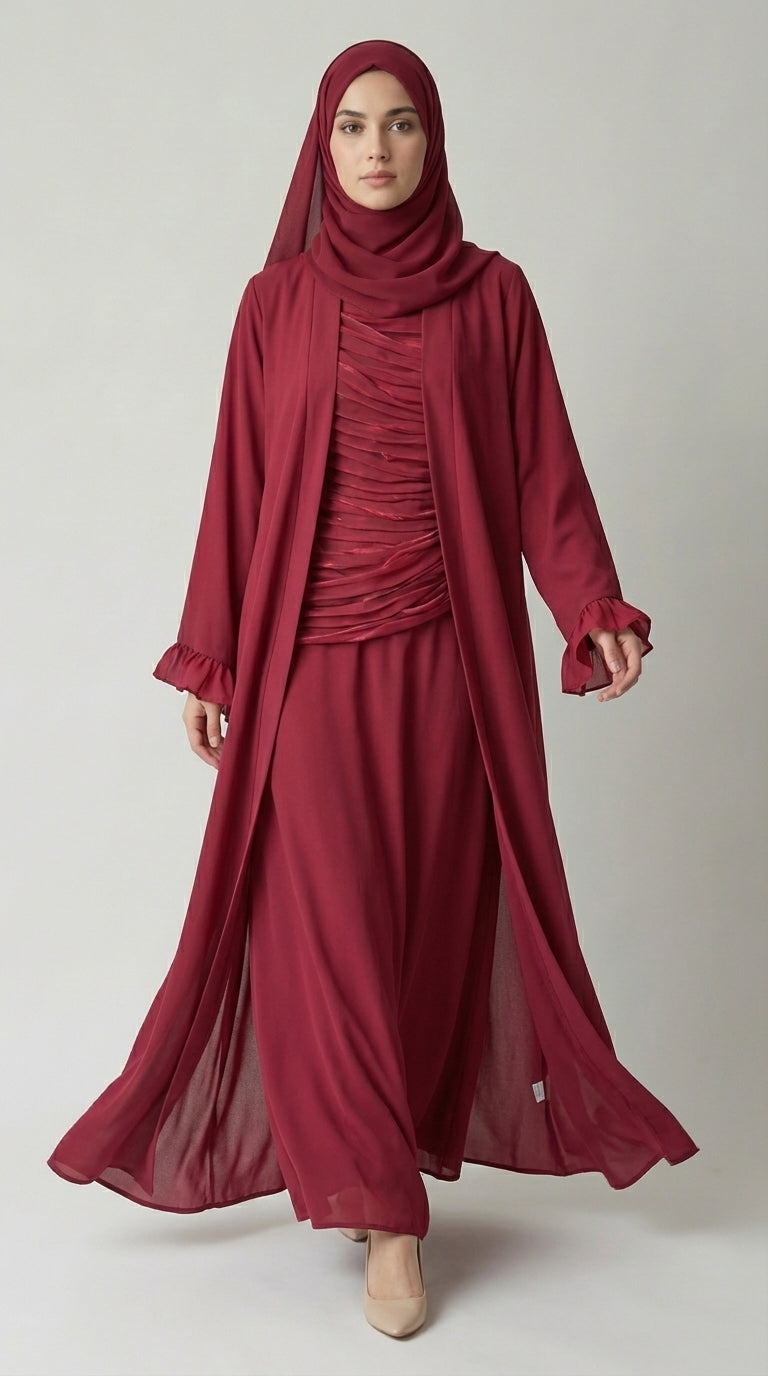 Ruby Red Open-Front Abaya with Ruffled Cuffs