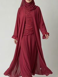Ruby Red Open-Front Abaya with Ruffled Cuffs