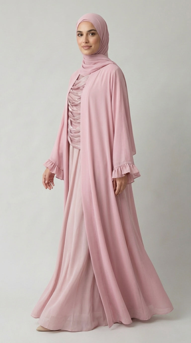 Antique Pink Open-Front Abaya with Ruffled Cuffs