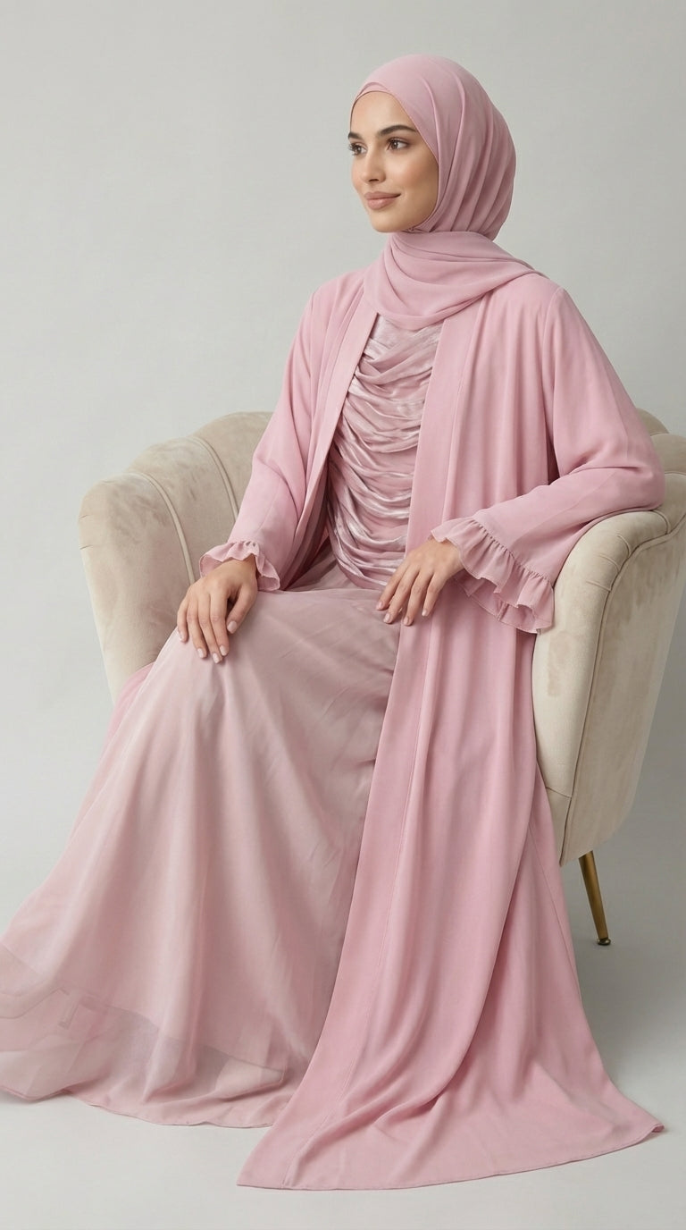Antique Pink Open-Front Abaya with Ruffled Cuffs