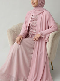 Antique Pink Open-Front Abaya with Ruffled Cuffs