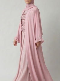 Antique Pink Open-Front Abaya with Ruffled Cuffs