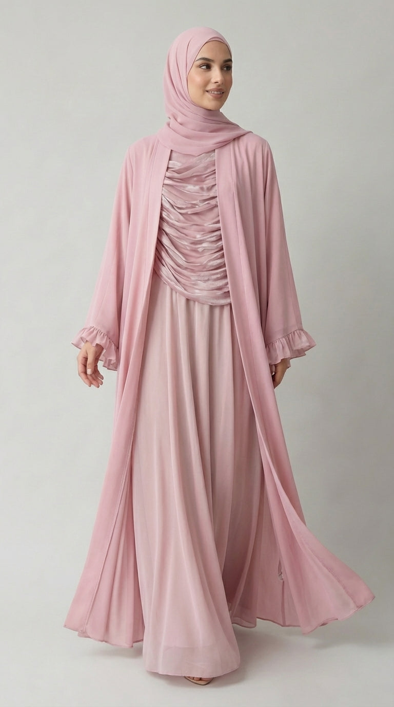 Antique Pink Open-Front Abaya with Ruffled Cuffs