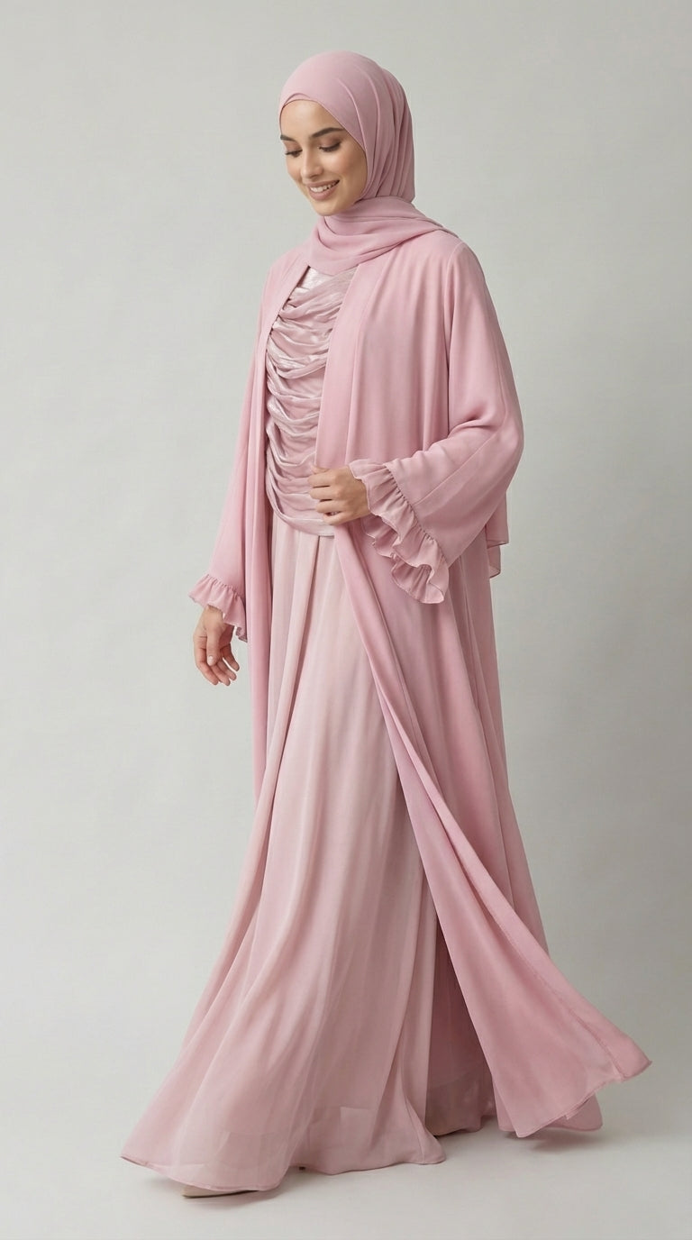 Antique Pink Open-Front Abaya with Ruffled Cuffs