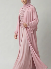 Antique Pink Open-Front Abaya with Ruffled Cuffs