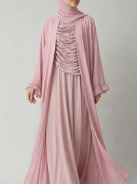 Antique Pink Open-Front Abaya with Ruffled Cuffs