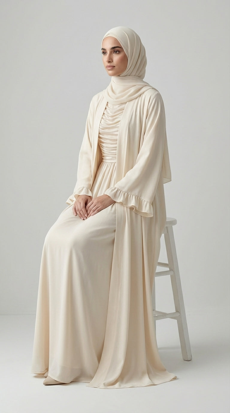 Off-White Open-Front Abaya with Ruffled Cuffs