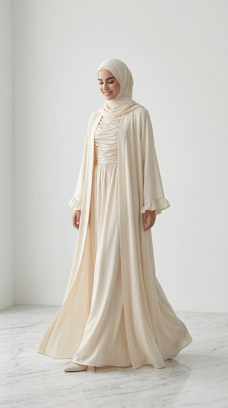 Off-White Open-Front Abaya with Ruffled Cuffs
