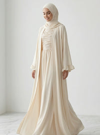 Off-White Open-Front Abaya with Ruffled Cuffs