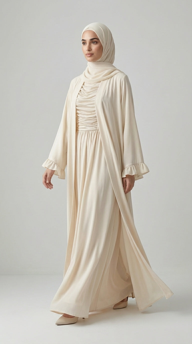 Off-White Open-Front Abaya with Ruffled Cuffs