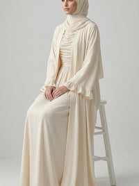 Off-White Open-Front Abaya with Ruffled Cuffs