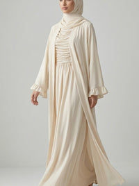 Off-White Open-Front Abaya with Ruffled Cuffs