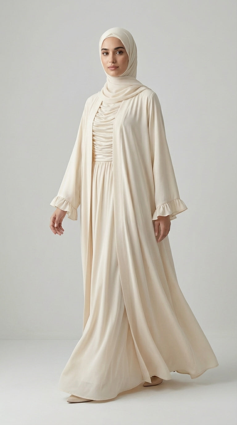 Off-White Open-Front Abaya with Ruffled Cuffs