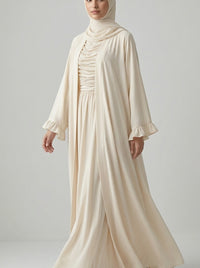Off-White Open-Front Abaya with Ruffled Cuffs