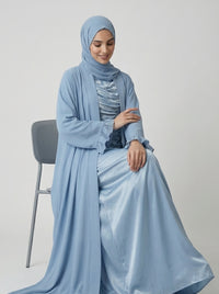 Steel Blue Open-Front Abaya with Ruffled Cuffs