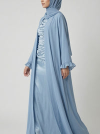 Steel Blue Open-Front Abaya with Ruffled Cuffs