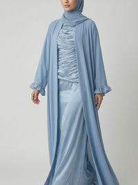 Steel Blue Open-Front Abaya with Ruffled Cuffs