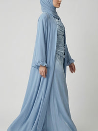 Steel Blue Open-Front Abaya with Ruffled Cuffs