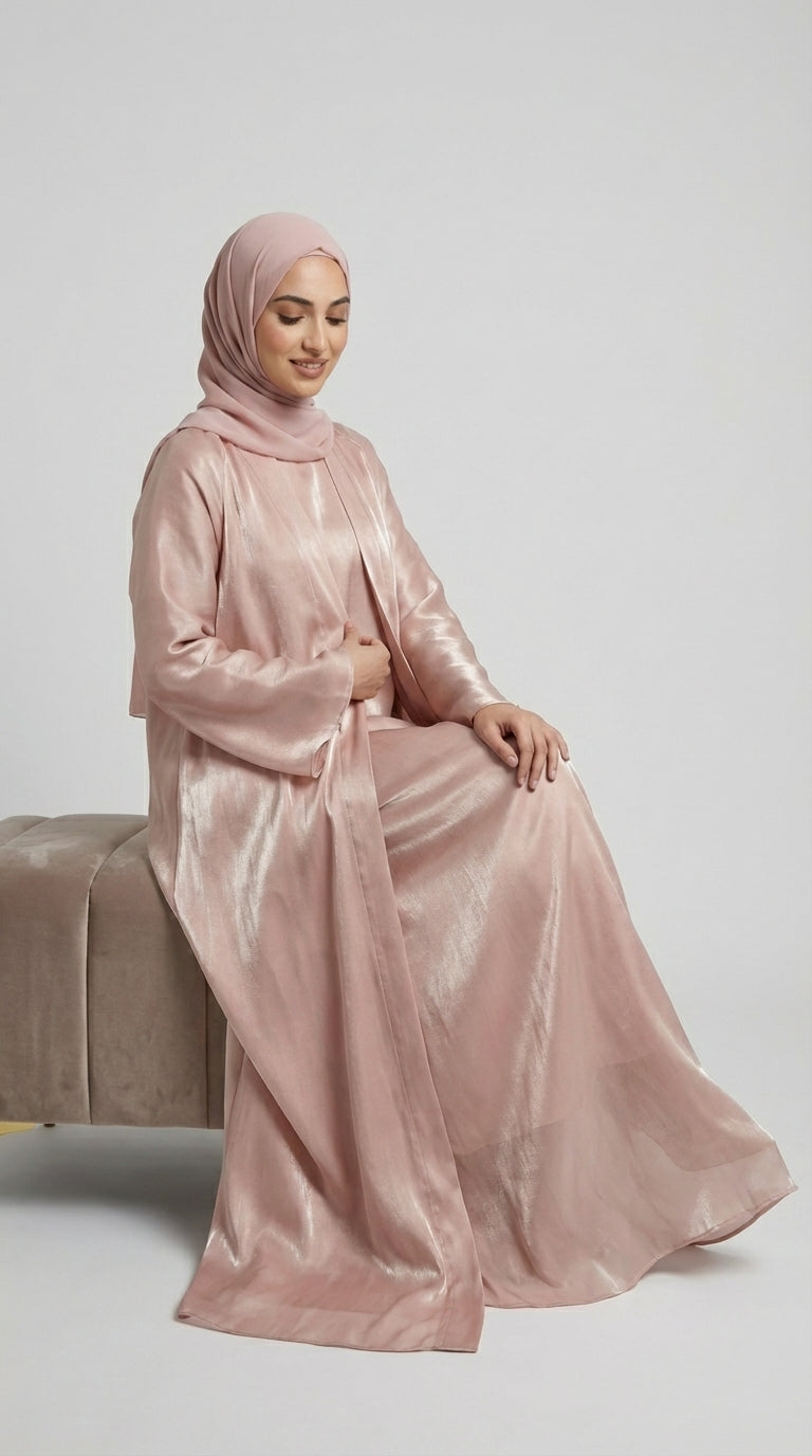 Rose Gold Satin Silk Open Abaya Set