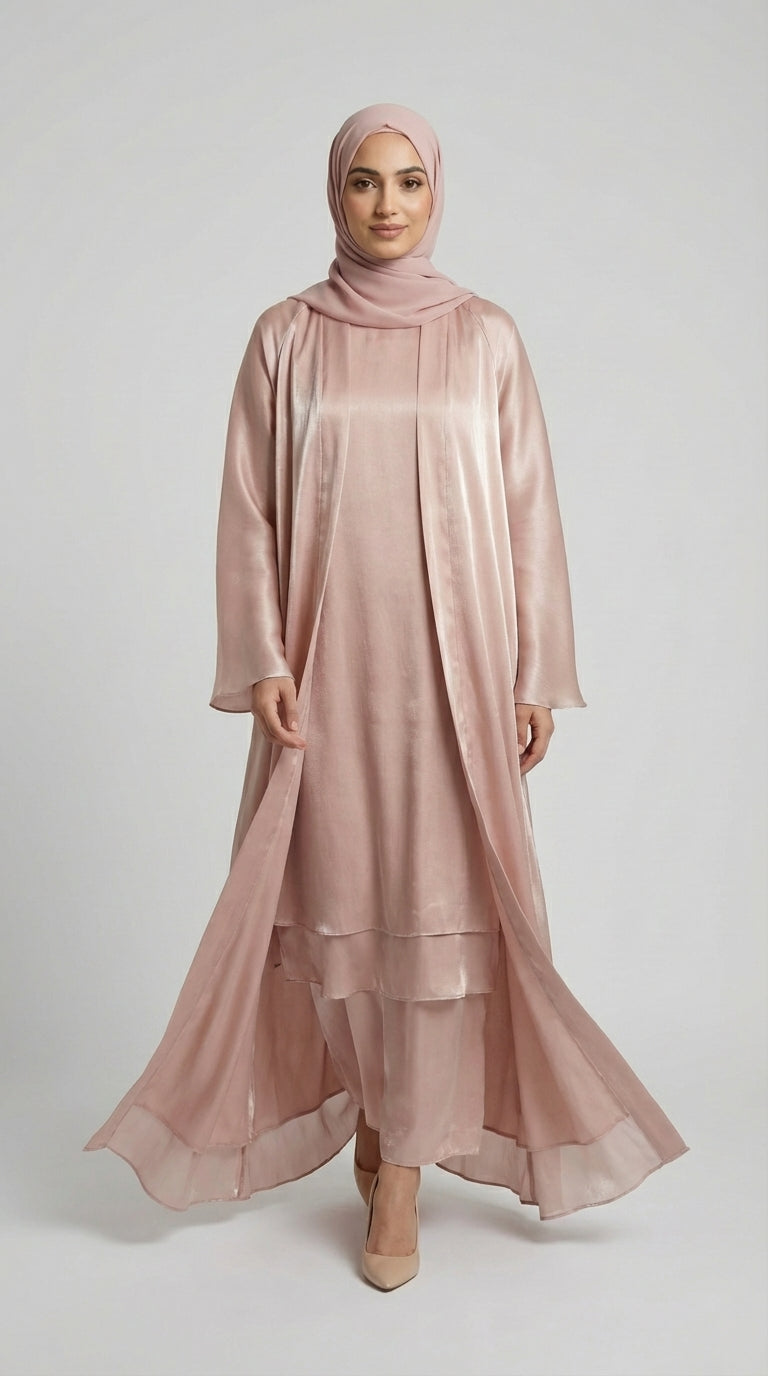 Rose Gold Satin Silk Open Abaya Set