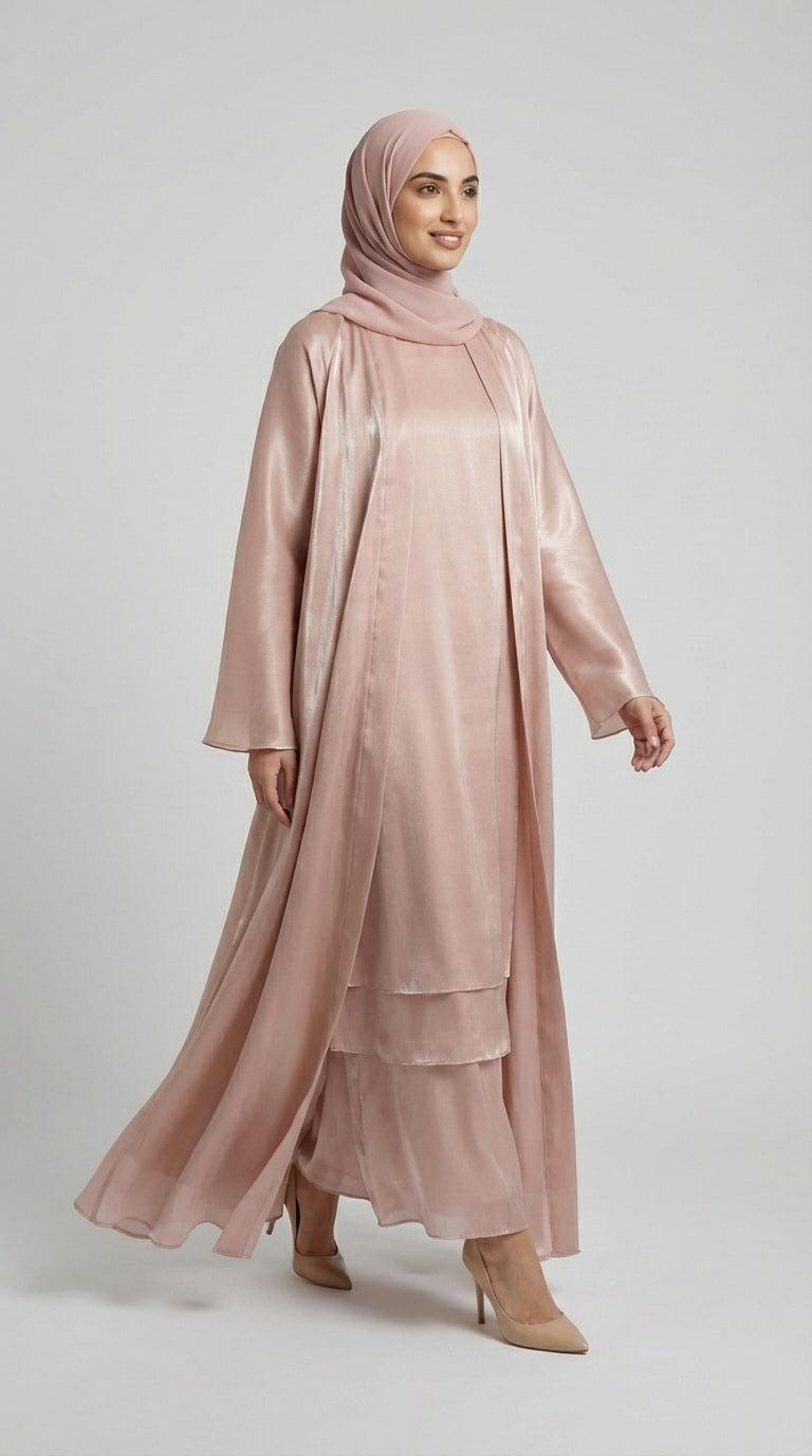 Rose Gold Satin Silk Open Abaya Set