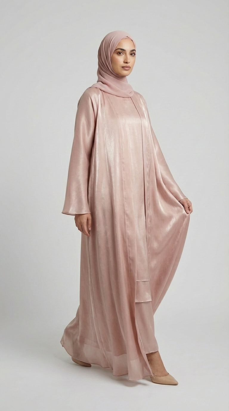 Rose Gold Satin Silk Open Abaya Set