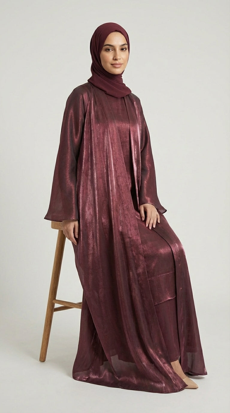 Maroon Metallic Satin Silk Open Abaya Set