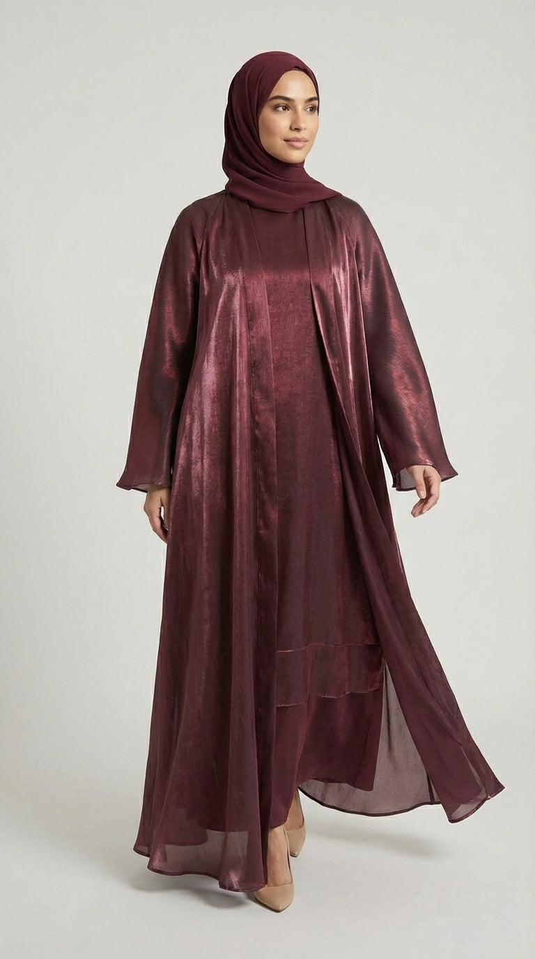 Maroon Metallic Satin Silk Open Abaya Set