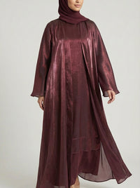 Maroon Metallic Satin Silk Open Abaya Set