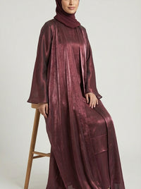 Maroon Metallic Satin Silk Open Abaya Set