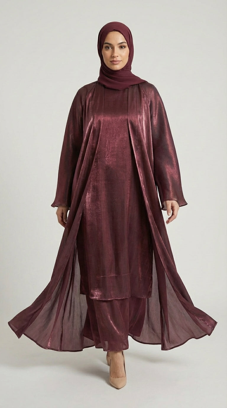 Maroon Metallic Satin Silk Open Abaya Set
