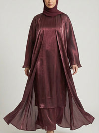 Maroon Metallic Satin Silk Open Abaya Set