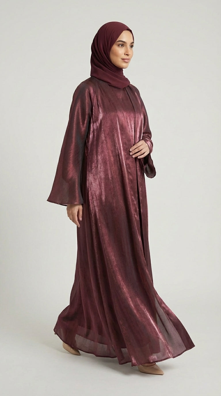 Maroon Metallic Satin Silk Open Abaya Set