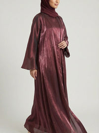 Maroon Metallic Satin Silk Open Abaya Set