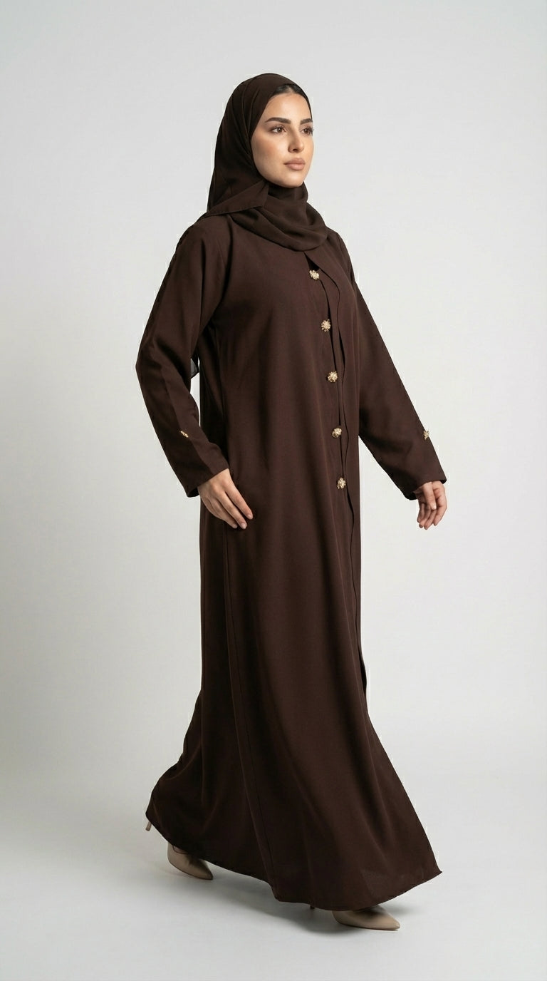 Chocolate Brown Button-Down Closed Abaya with Gold Accents