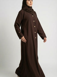 Chocolate Brown Button-Down Closed Abaya with Gold Accents