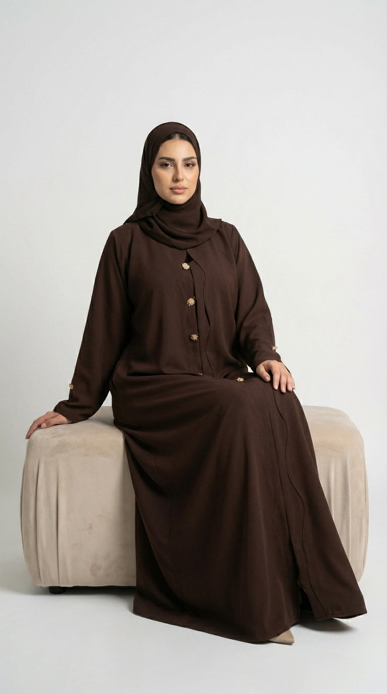 Chocolate Brown Button-Down Closed Abaya with Gold Accents