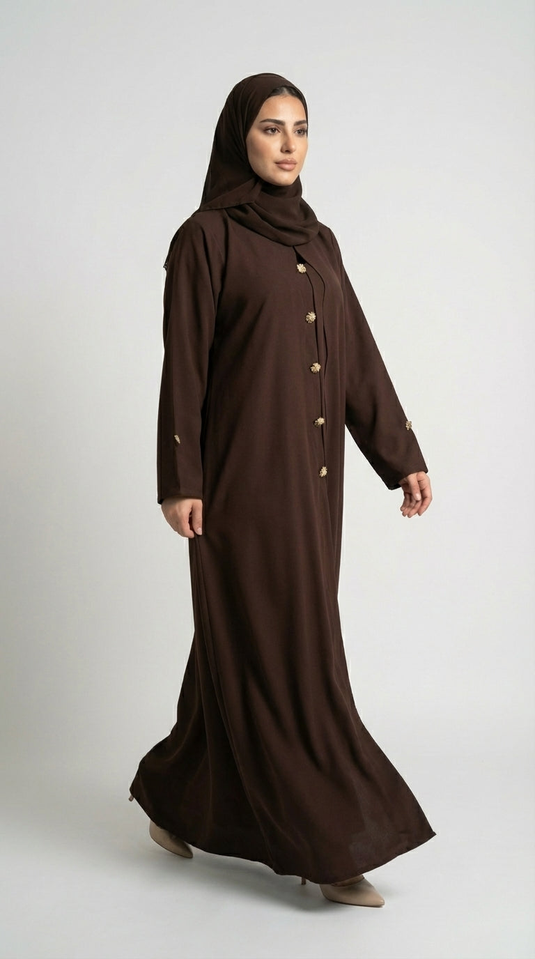 Chocolate Brown Button-Down Closed Abaya with Gold Accents