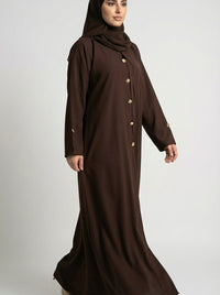 Chocolate Brown Button-Down Closed Abaya with Gold Accents