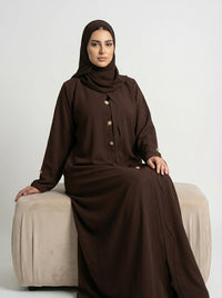 Chocolate Brown Button-Down Closed Abaya with Gold Accents