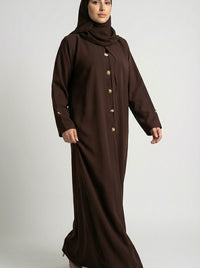 Chocolate Brown Button-Down Closed Abaya with Gold Accents