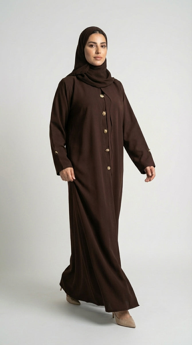 Chocolate Brown Button-Down Closed Abaya with Gold Accents