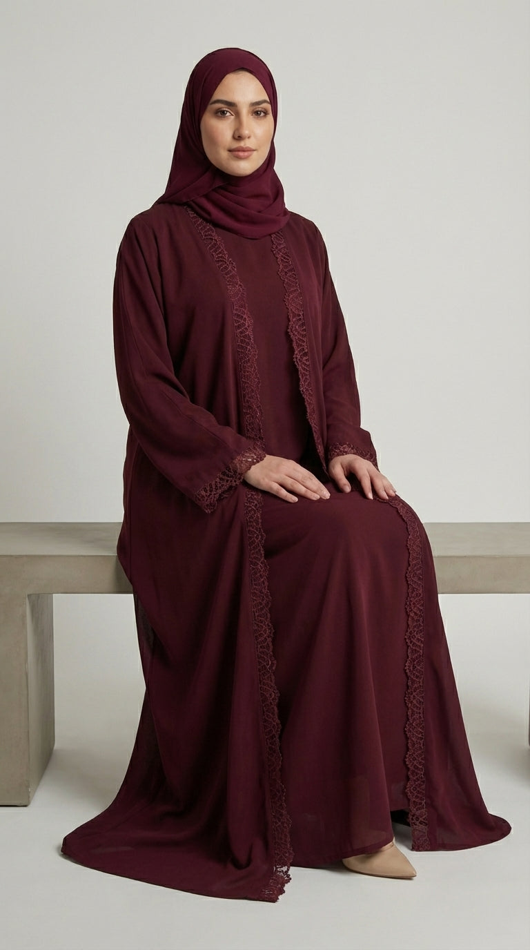 Deep Maroon, Open-Front Abaya with Crochet Lace Trim