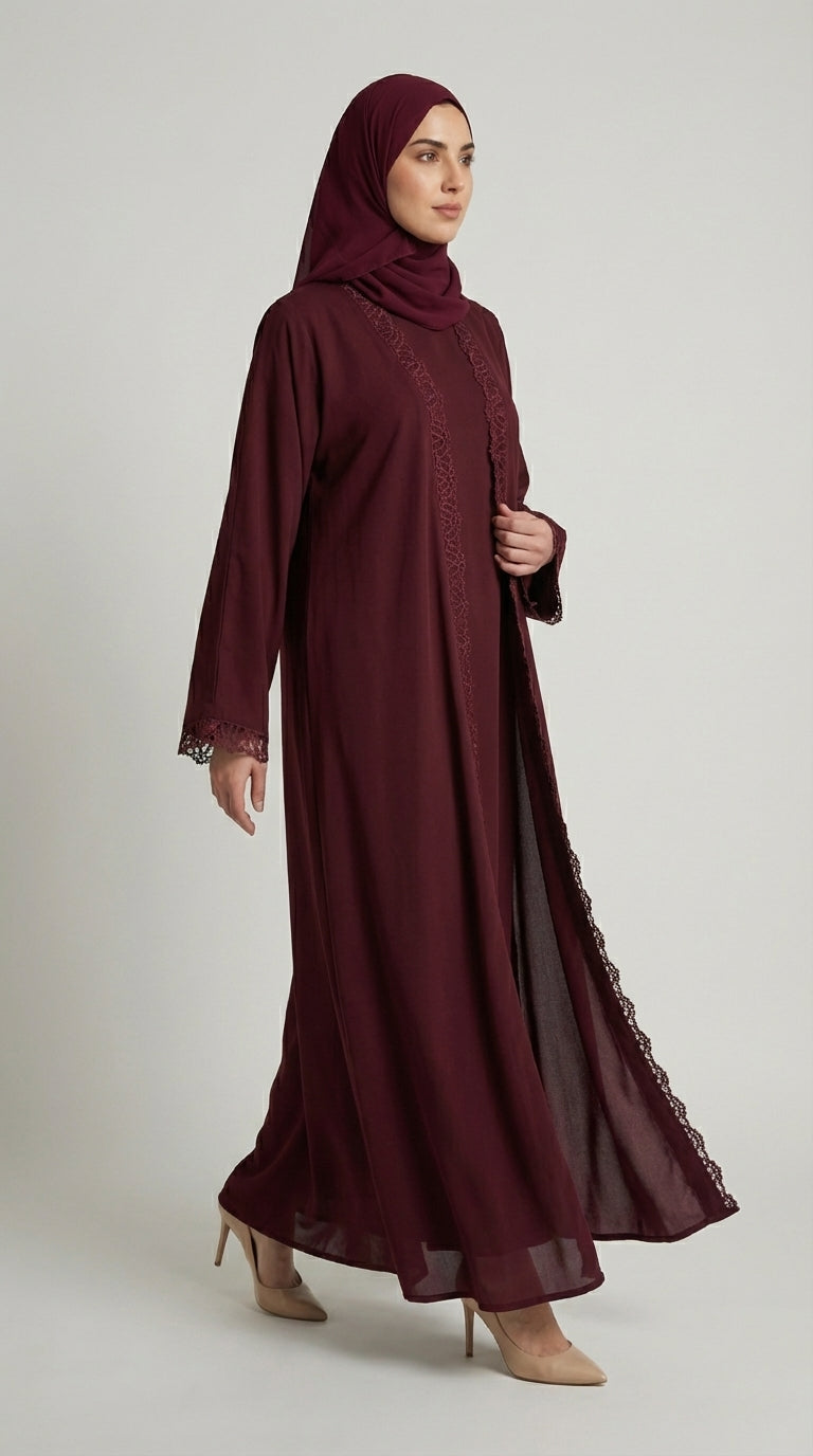 Deep Maroon, Open-Front Abaya with Crochet Lace Trim