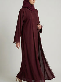 Deep Maroon, Open-Front Abaya with Crochet Lace Trim