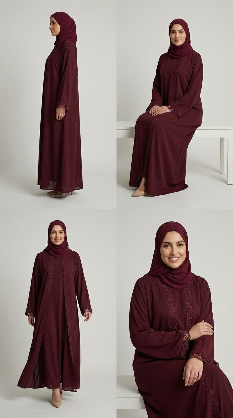 Deep Maroon, Open-Front Abaya with Crochet Lace Trim