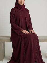 Deep Maroon, Open-Front Abaya with Crochet Lace Trim