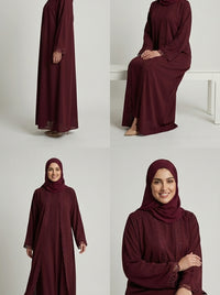 Deep Maroon, Open-Front Abaya with Crochet Lace Trim
